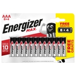 Energizer Batteriepack MAX Mignon Alkalin-Mangan, LR03 / AAA, Blisterpack à 12 Stück, 8 + 4 gratis