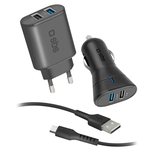 SBS Kit de charge de voyage 3en1 USB-Type C, chargeur de voiture et de voyage + câble USB-Type C, noire