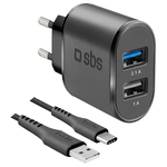 SBS Kit di ricarica da viaggio USB-Type C, 2× ucita USB-A + cavo Type C, nero
