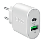 SBS Caricabatterie da viaggio, 1× ucita USB-Typ C e 1× USB-A, bianco