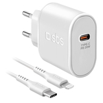 SBS Chargeur de voyage, USB-Type C + câble Lightning