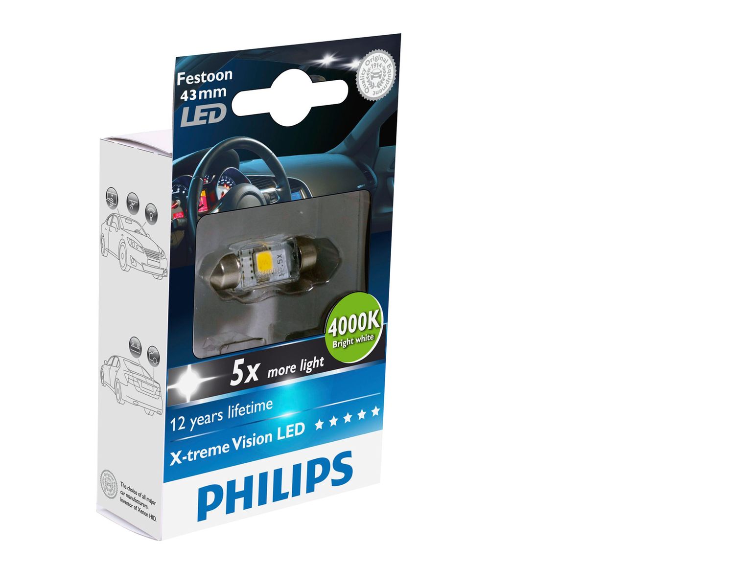 PHILIPS Autolampe LED Festoon (Soffitte), 4000K, 12 V 1 W, 10,5 x 43 mm