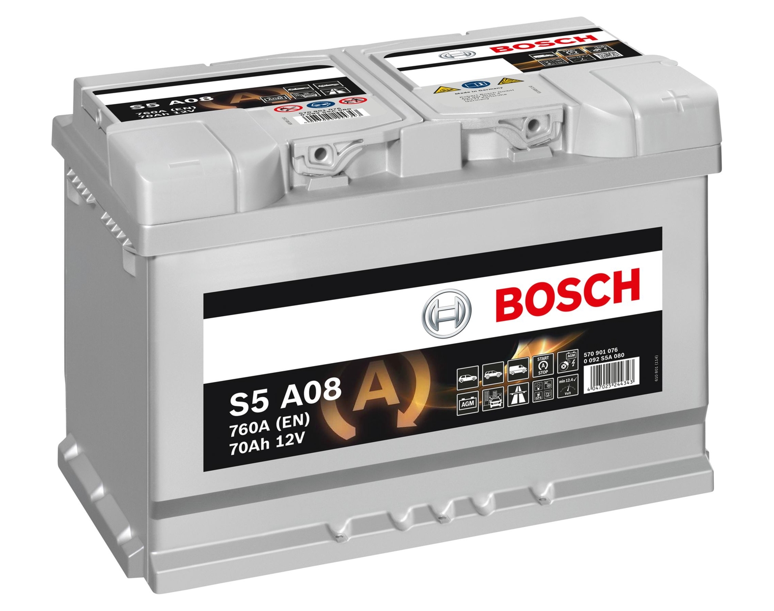 Bosch Batteria d'avviamento 12V 570 901 076 70Ah, S5 A08 AGM H6
